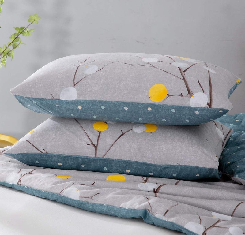SLEEPBELLA Comforter Queen Size, 600 Thread Count Cotton Grey Branch with Yellow Turquoise Polka Dot Pattern Green Reversible Comforter Set,Down Alternative Bedding Set 3Pcs (Queen, Grey Branch) - Image 5